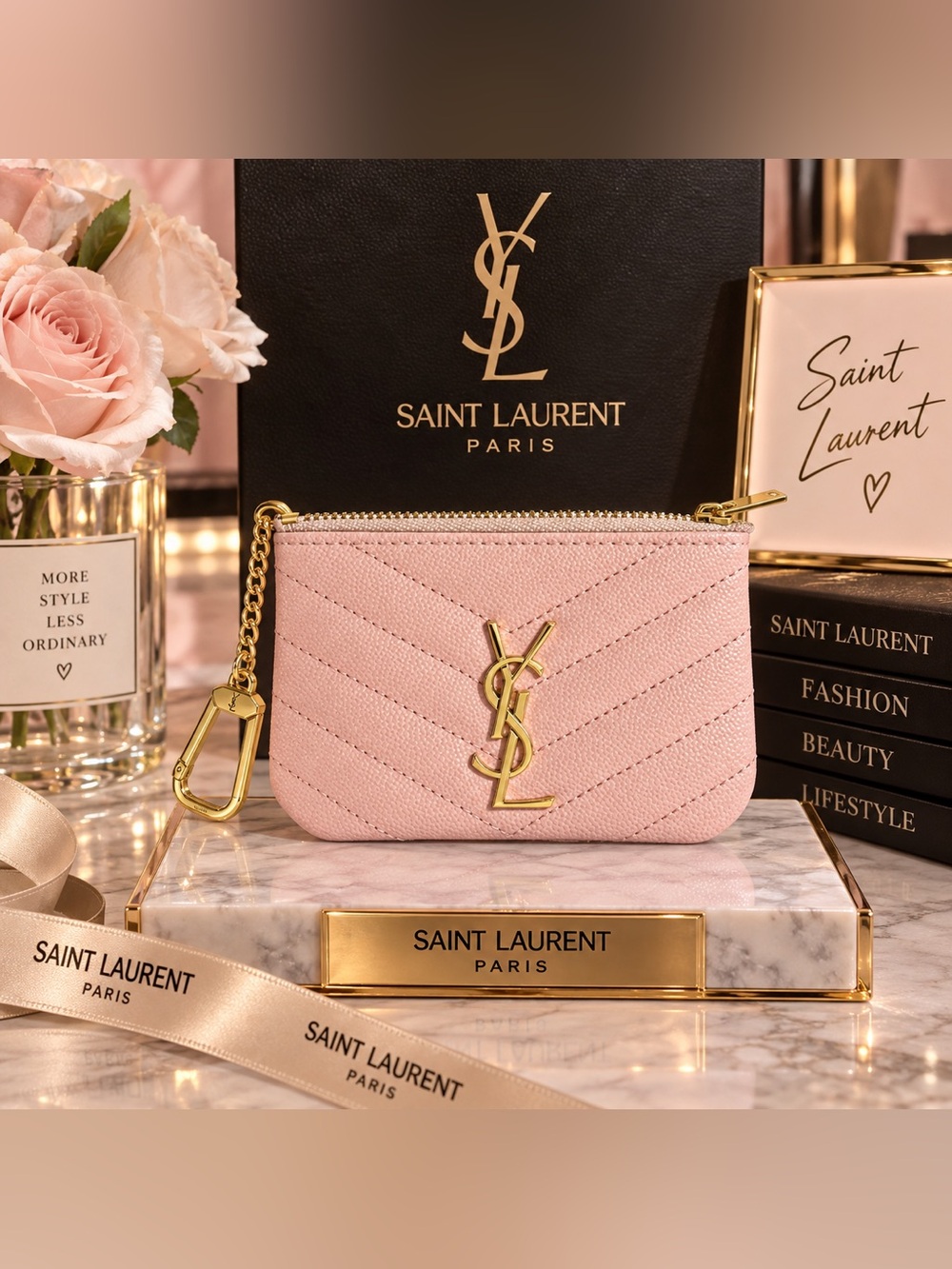Pink Quilted Card Pouch with Gold Hardware